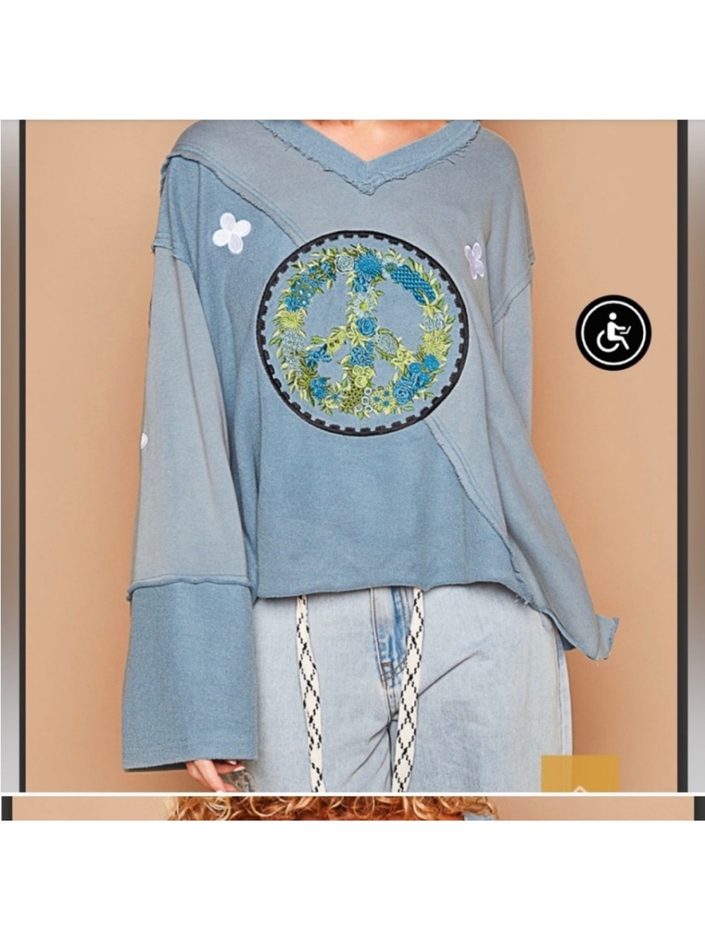 POL Peace boutique Blue Patchwork Embroidered V-Neck open Back  slouchy top Sm - Picture 2 of 11